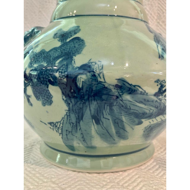 Ceramic Vintage Chinoiserie Celadon & Cobalt Blue Vase With Lion Mask Handles For Sale - Image 7 of 11
