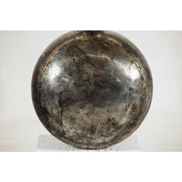 Chocolate Vintage Indian Metal Water Vessel with Circular Body and Wooden Cork Top For Sale - Image 8 of 12