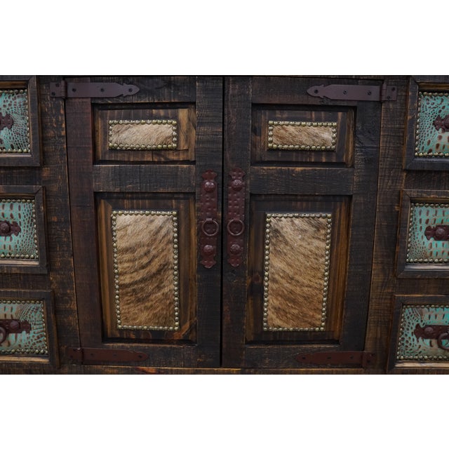 Western Tooled Leather & Cowhide Multi-Drawer Dresser Cabinet For Sale - Image 14 of 15