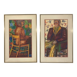 Ruth Original 1993 Postmodern Neo-Expressionist Figurative Portrait Paintings Diptych - Framed Pair For Sale