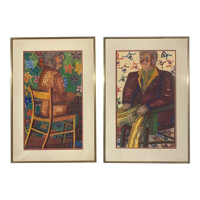 Ruth Original 1993 Postmodern Neo-Expressionist Figurative Portrait Paintings Diptych - Framed Pair For Sale