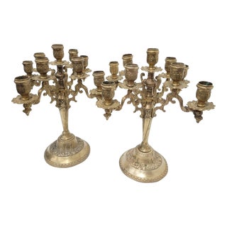 Vintage 1930s Brass Candelabras 9 Light Candle Holders - a Pair For Sale
