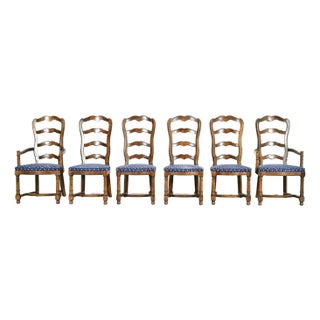 Century Furniture French Country Carved Solid Oak Ladder Back Dining Chairs, Set of Six For Sale
