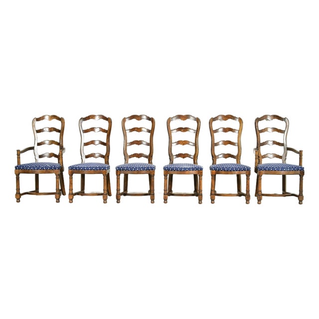 Century Furniture French Country Carved Solid Oak Ladder Back Dining Chairs, Set of Six For Sale