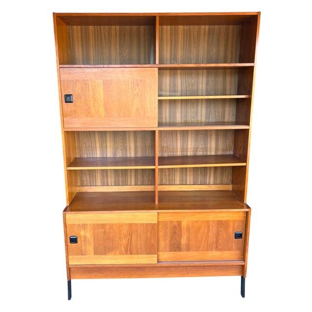 Restored 1960s Danish Modern Teak Bookcase – Sliding Doors & Open Display Shelves For Sale - Image 11 of 16