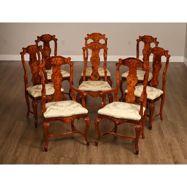 High Quality Vintage Set of Eight Marquetry Inlaid Carved Olive Wood Dining Chairs with Damask Upholstered Seats
