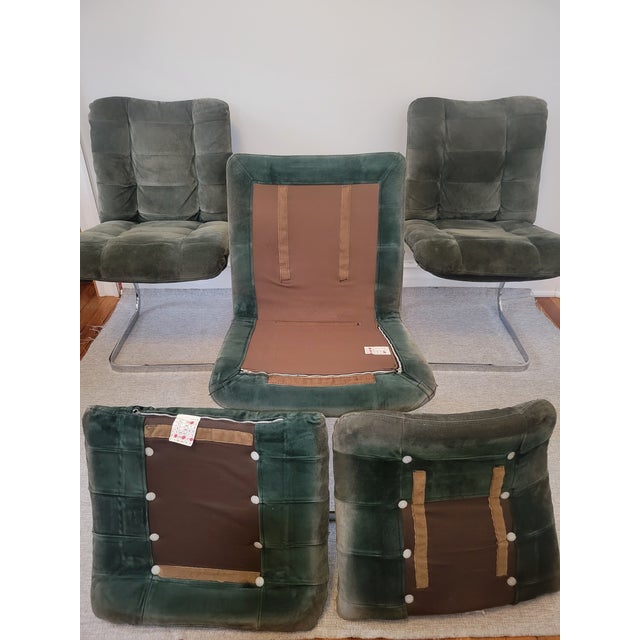 1970s Suede and Chrome Cantilever Dining Chairs in Moss Green Attributed to Roche Bobois-Set of 6 For Sale - Image 15 of 17