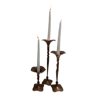 Vintage Forged Copper Candleholders Set of Three For Sale
