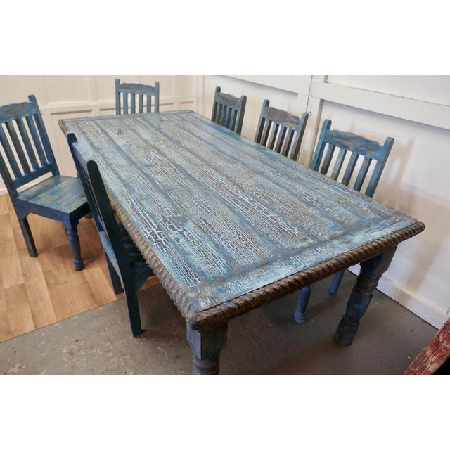1920s Large Carved Folk Art Painted Table and Chairs, 1920, Set of 7 For Sale - Image 5 of 16