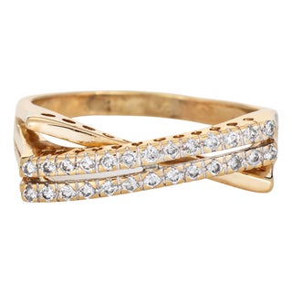 90s Vintage Diamond Crossover Ring Sz 9 14k Yellow Gold Double Row Bypass Band For Sale