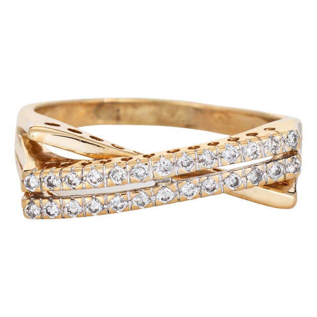 90s Vintage Diamond Crossover Ring Sz 9 14k Yellow Gold Double Row Bypass Band For Sale