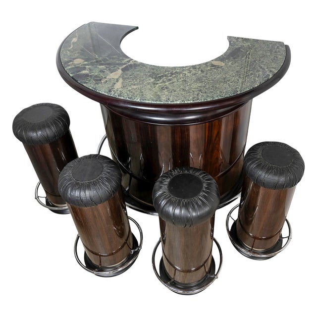 Vintage Walnut and Green Marble Bar with Stools, 1970s, Set of 5 For Sale - Image 4 of 9