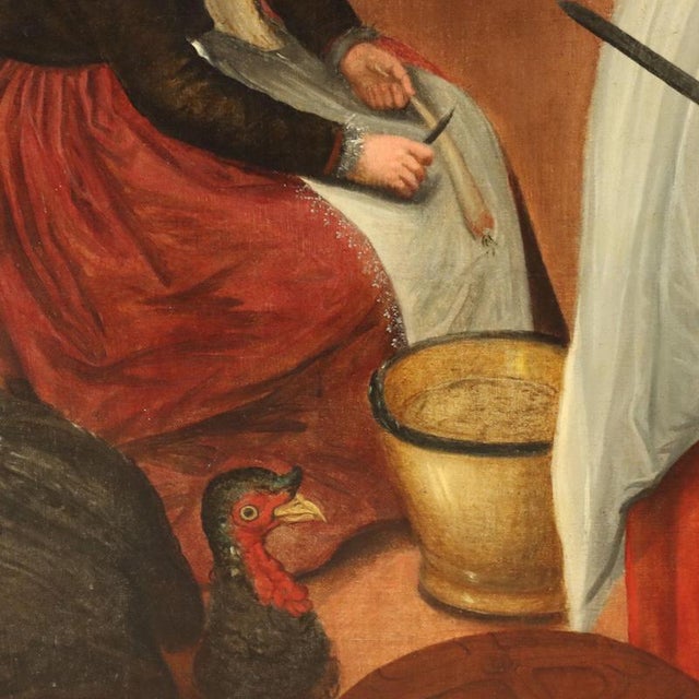 Flemish Artist, Interior Kitchen Scene, Large Oil on Canvas, Framed For Sale - Image 6 of 16