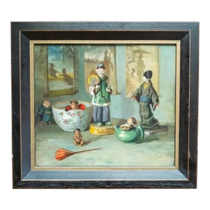 20th Century Impressionist Still Life Painting of Chinese Dolls, Signed Illegibly