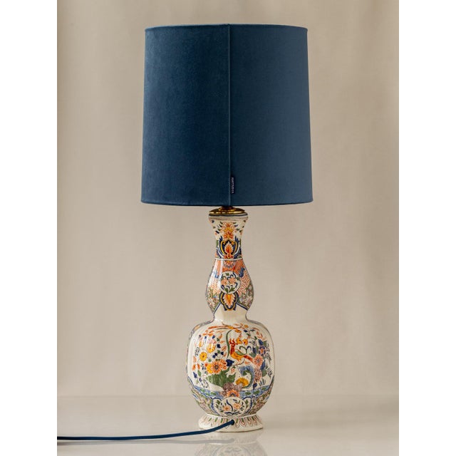 Blue Antique French Faience Table Lamp by Géo Martel with New Velvet Shade For Sale - Image 8 of 11