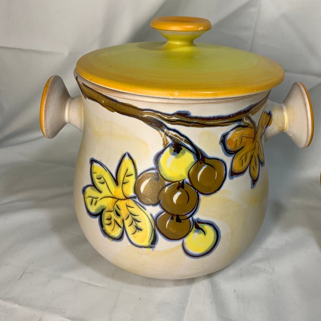 Vintage Italian Terra Cotta Jars With Lids and Hand Painted Sun-Ripe Grapes and Leaves For Sale - Image 4 of 7