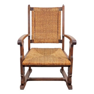 Modern Dutch Brutalist Armchair in Rush and Oak, 1950s For Sale