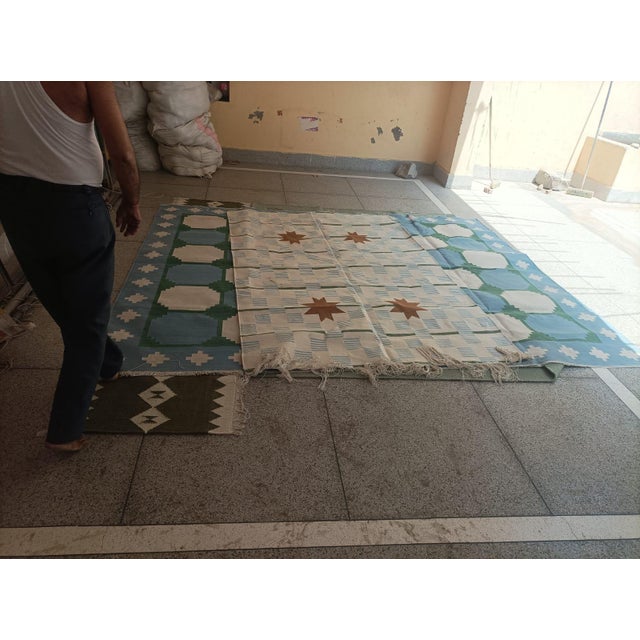 White Handmade Cotton Vegetable Dyed Area Rug, White, Sky Blue, Sage Green Star Dash Striped Dhurrie-5'x8' For Sale - Image 8 of 13