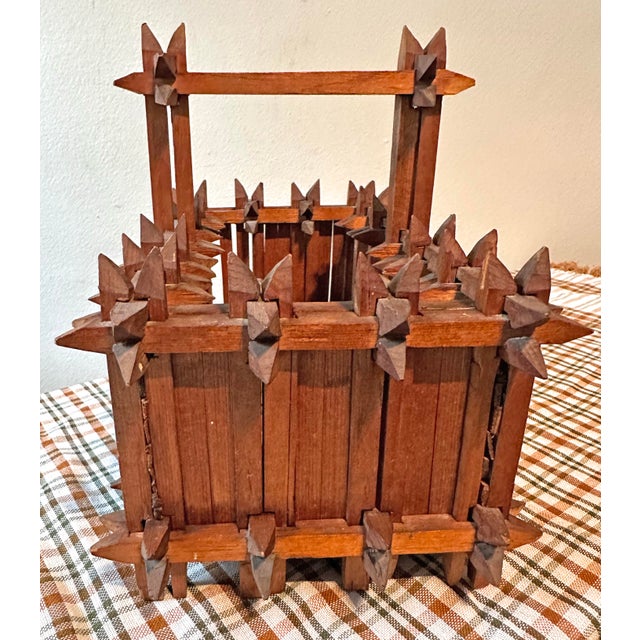 Folk Art Antique Tramp Art Crown of Thorns Wooden Basket With Handle For Sale - Image 3 of 8