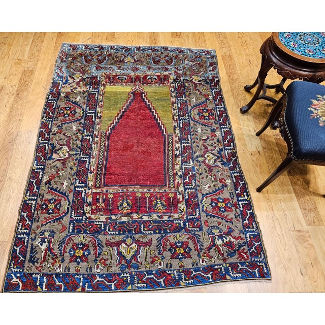 19th Century Anatolian Ladik Prayer Area Rug, Handwoven, Red & Yellow, 5' x 7' For Sale - Image 4 of 15