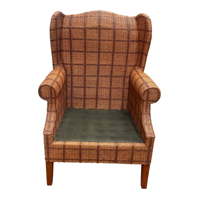 Late 20th Century Palecek Wicker Wingback Lounge Chair With Wood Legs For Sale