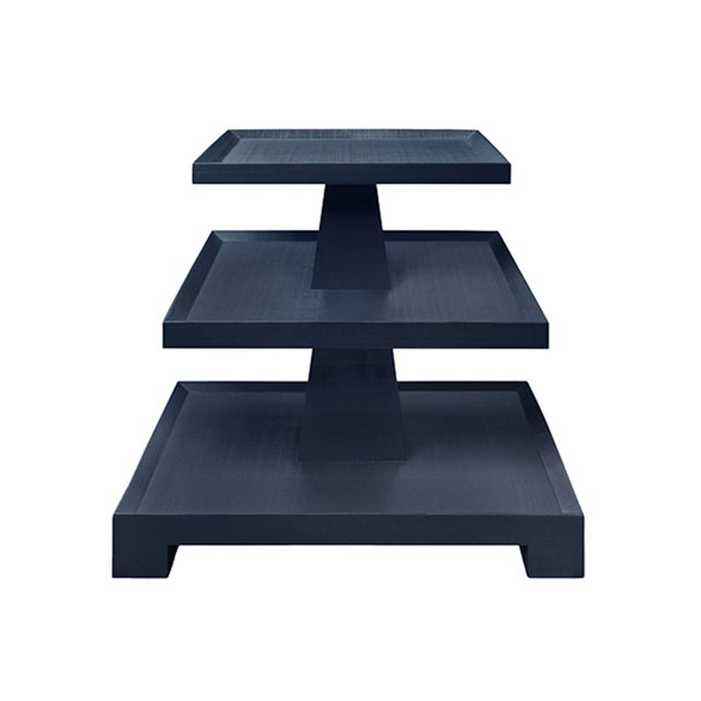 Worlds Away Matthew Izzo Home - Tatiana Textured Navy Blue Linen Tapered Three Tier Side Table With Center Column For Sale - Image 4 of 4