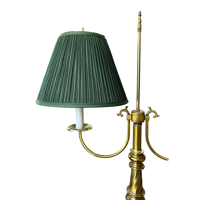 Monumental Vintage Brass Bouillotte Table Lamp With Custom Hunter Green Pleated Shades — Ralph Lauren / Visual Comfort For Sale In Jacksonville, FL - Image 6 of 15