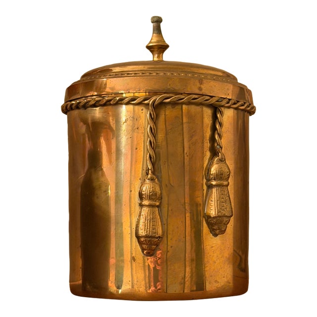 Vintage Hollywood Regency Brass Lidded Canister With Rope & Tassel Motif For Sale