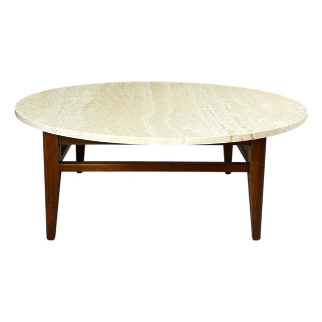 Mid Century Travertine Coffee Table With Walnut Base For Sale