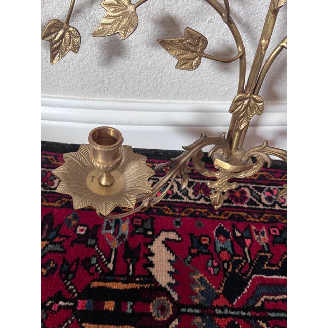 Pair of Hollywood Regency Style Brass and Metal Wall Sconce, Candlestick Holder, Vine Leaves Design, Candelabra For Sale - Image 10 of 12