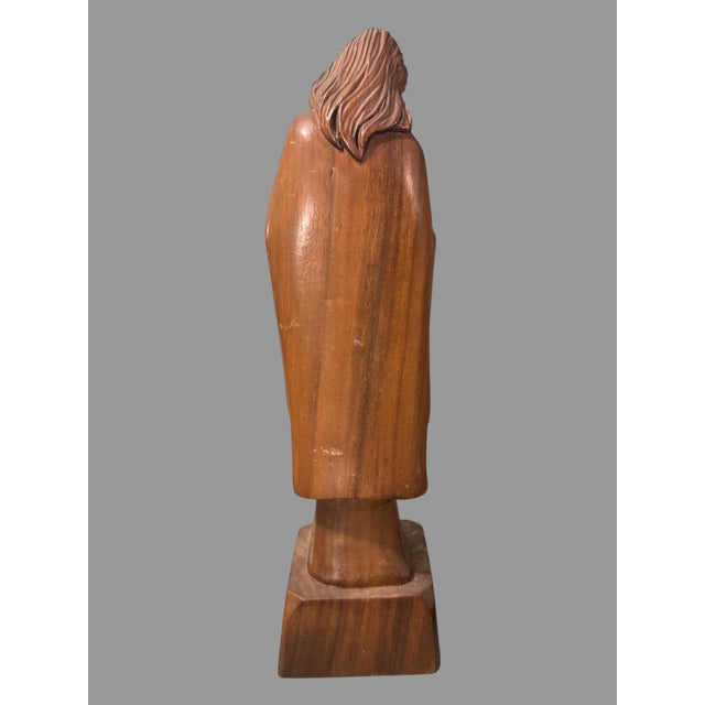 Vintage Hand Carved Wooden 17" Statue Sculpture Sacred Heart of Jesus For Sale - Image 4 of 8