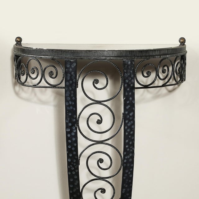 Art Deco Demilune Wrought Iron Spiral Motif & Porto Marble Inset Console Table For Sale - Image 4 of 13