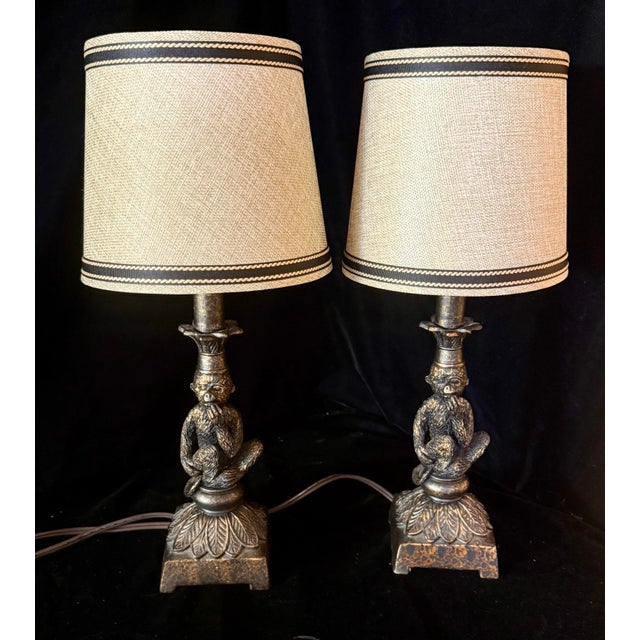 Traditional Mid 20th Century Brass Monkey Motif Accent Lamps - a Pair For Sale - Image 3 of 12