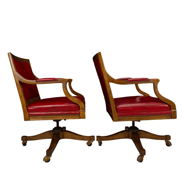 Pair of 1980s Baker Furniture Rolling Executive Chairs in Carved Wood & Burgundy Vinyl Upholstery For Sale In Tampa - Image 6 of 18