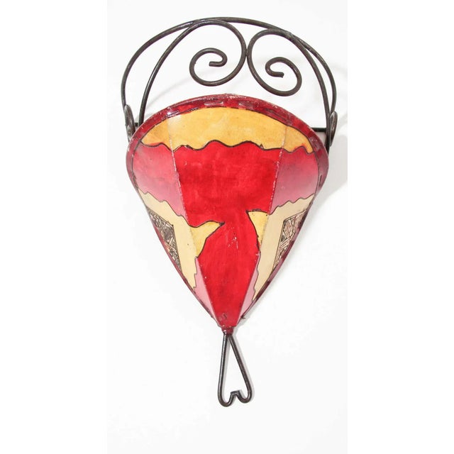 African Tribal Art parchment wall shade sconce featuring a large curved hide form stitched on iron and hand painted...