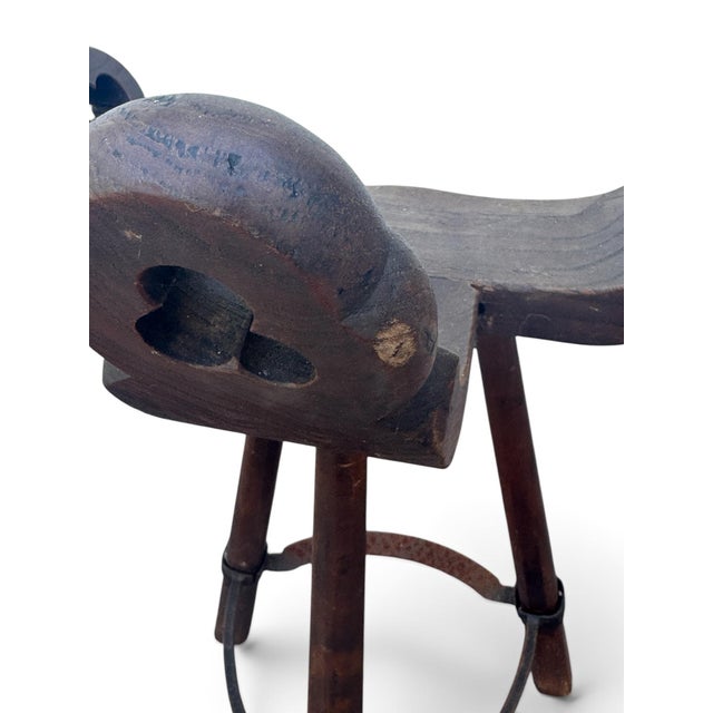 Mid 20th Century Vintage Brutalist Hand-Carved Wood Tripod Bar Stool With Forged Iron Footrest For Sale - Image 5 of 8