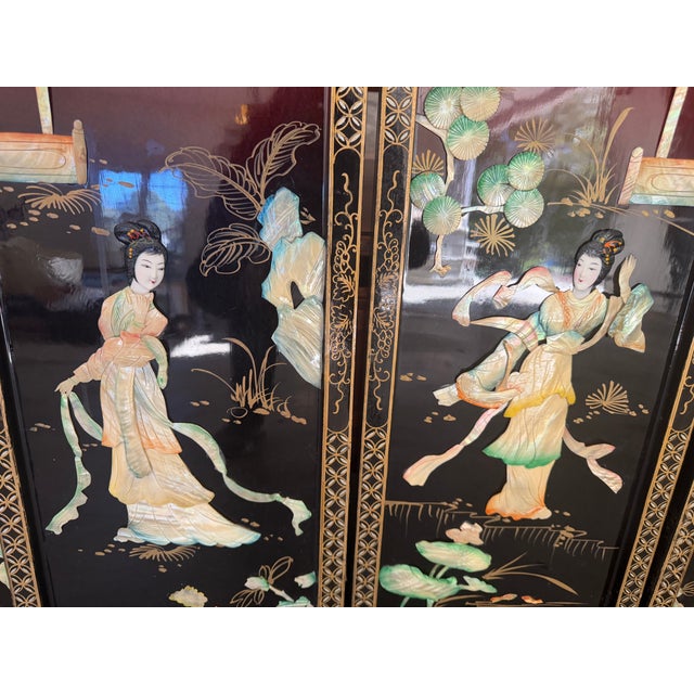 Vintage Chinoiserie Red & Black Lacquer Wall Panels With Iridescent Mother-of-Pearl Inlay - Set of 4 For Sale - Image 4 of 6