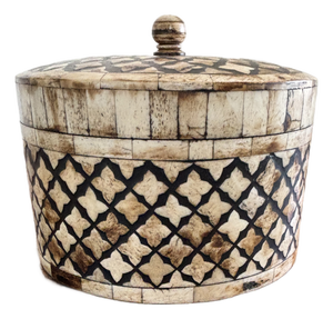 Maitland-Smith Tessellated Bone Lidded Box- Lattice Round Accent