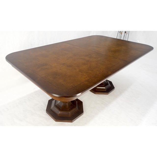 Henredon Double Pedestal Legs 76" Long Burl Wood Dining Table 2x22 Leafs For Sale - Image 12 of 12