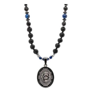 Powerful Silver Black Lion Men Beaded Necklace For Sale