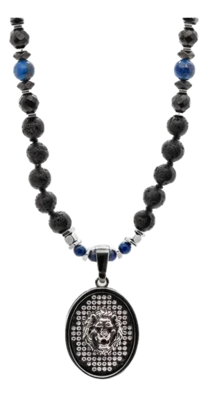 Powerful Silver Black Lion Men Beaded Necklace
