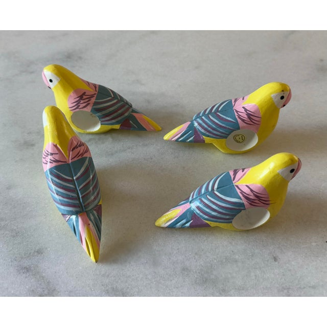 Set of 4 Vintage Hand Painted Wood Parrot Napkin Rings For Sale In Austin - Image 6 of 10