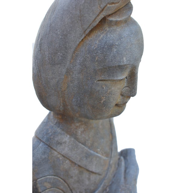 Pair Monumental Antique 48" Solid Stone Chinese Court Lady Figure Statues Tang Style For Sale - Image 13 of 18