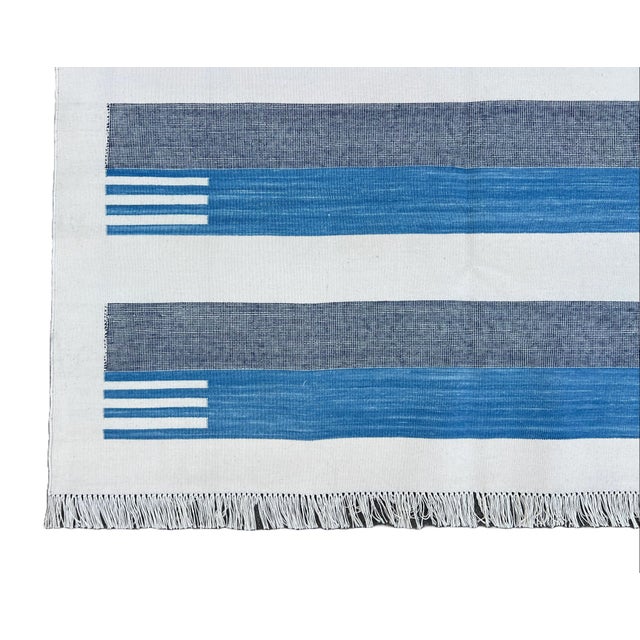 Handmade Cotton Area Rug, Sky Blue and White Cotton Vegetable Dyed Striped Dhurrie-12'x15' For Sale - Image 10 of 12