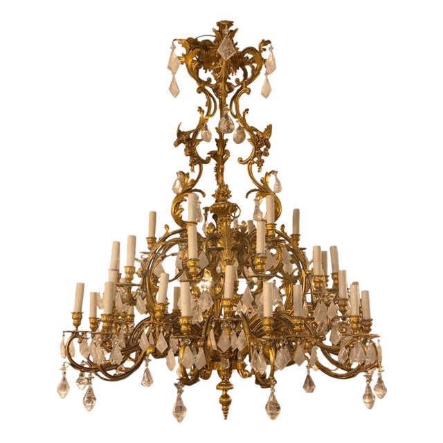 1880s Louis XVI 42-Light Dore Bronze & Rock Crystal Chandelier Signed b.r For Sale