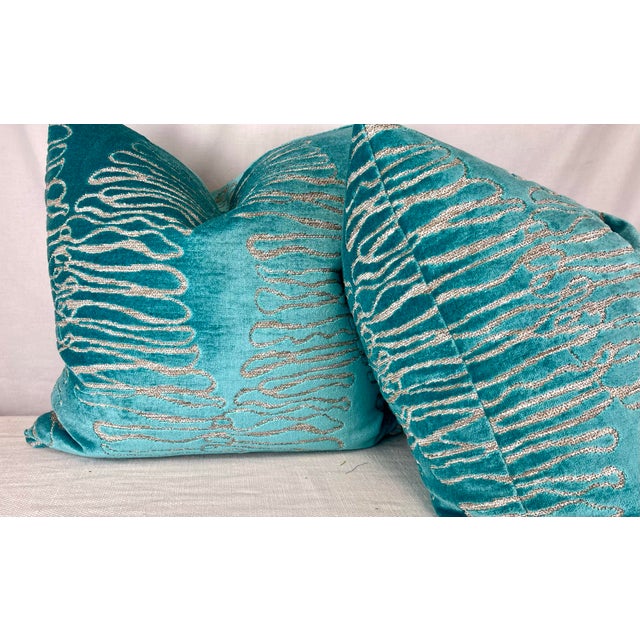 Transitional Turquoise Cut Velvet 22" Pillows-A Pair For Sale - Image 3 of 3