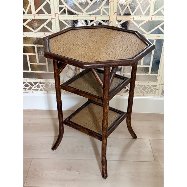 English Vintage Rattan Ostrich Leather Octagonal Side Table For Sale - Image 3 of 11
