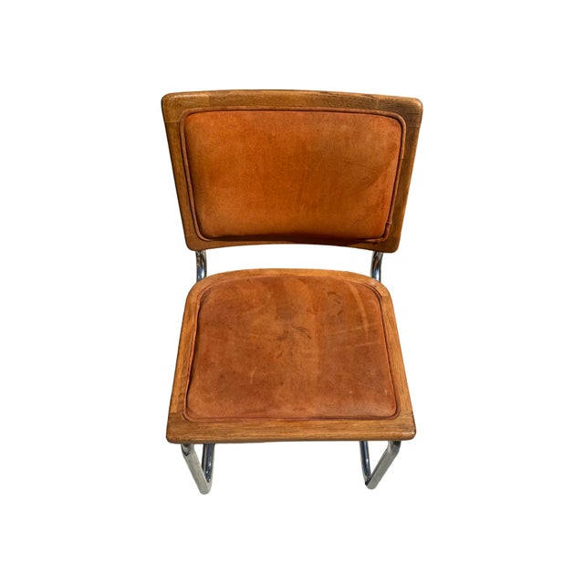 Animal Skin Set of 4 Vintage 1970s Oak, Chrome & Cognac Suede Cantilever Dining Chairs For Sale - Image 7 of 9