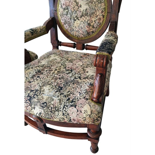 Rare Pair of Antique Medallion Back Parlor Armchairs – Ornate Carved Wood & Floral Tapestry For Sale - Image 4 of 12
