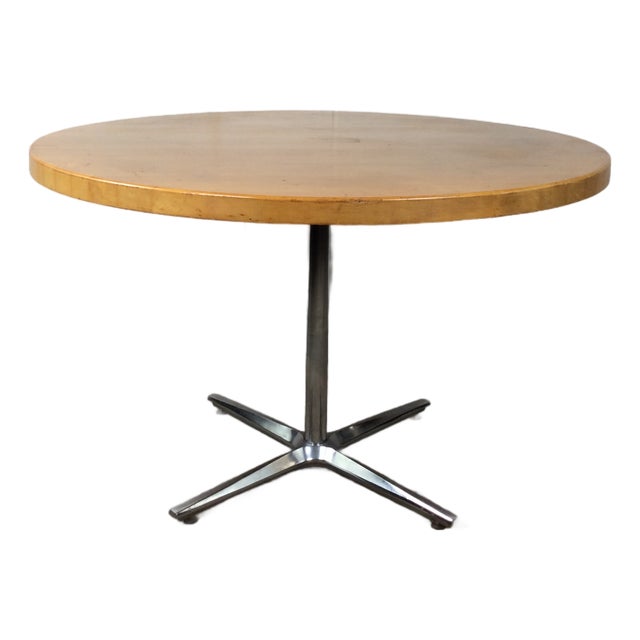 Mid Century Modern Round Dining Table With Butcher Block Top and Chrome Base For Sale